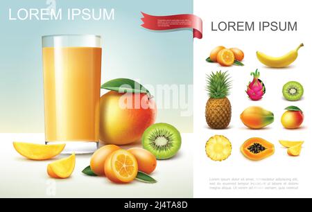 Composition réaliste de jus de fruits frais avec verre de jus de mangue illustration du vecteur kiwi pineappple banane papaye kumquat dragon fruits Illustration de Vecteur
