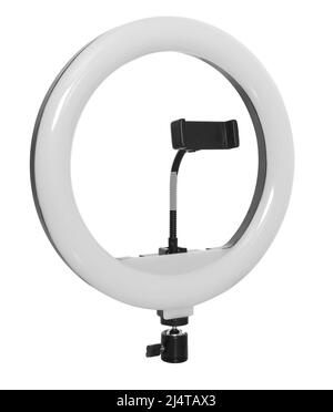 lampe annulaire selfie avec support pour smartphone, isolée sur fond blanc Banque D'Images