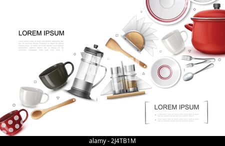 Ensemble réaliste d'éléments de cuisine avec tasses colorées théière cuillères fourchettes plaques de casserole porte-serviette salières et poivrières illustration vectorielle Illustration de Vecteur