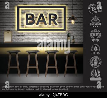 Modèle intérieur de bar réaliste avec bouteilles de boissons alcoolisées illustration vectorielle du menu du comptoir, chaises de panneau d'affichage au néon et étiquettes de brasserie Illustration de Vecteur