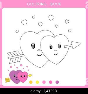 Deux coeurs mignons percés par la flèche dorée de Cupid pour le livre de coloriage Banque D'Images