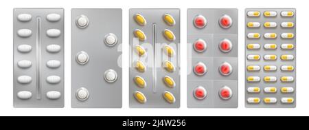 Plaquettes thermoformées, comprimés et capsules de médicaments maquette isolée. Analgésique médical, contraception, antibiotiques, suppléments vitaminiques éléments de conception pour l'ADS, réaliste 3D illustration vectorielle Illustration de Vecteur