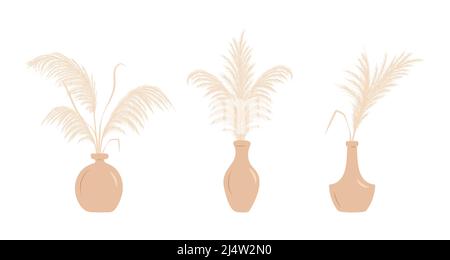 Sécher l'herbe de pampas dans les vases. Ensemble d'arrangements cortaderia dans le style boho. Fleurs séchées vectorielles isolées sur fond blanc. Design tendance pour Illustration de Vecteur