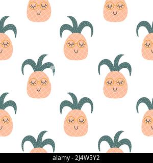 Motif ananas sans coutures. Personnages tropicaux drôles aux visages heureux. Illustration de dessin animé vectoriel en style scandinave simple dessiné à la main Illustration de Vecteur