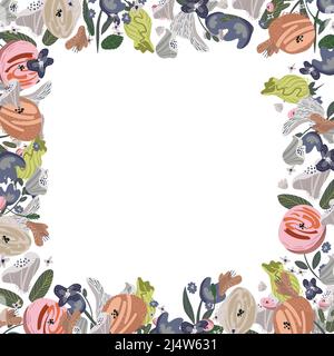 Cadre à motif fleuri vectoriel. Roses et pivoines disposées en bordure sur fond blanc Illustration de Vecteur