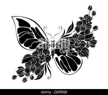 Silhouette, papillon artistique stylisé, décoré d'orchidées exotiques en fleurs sur fond blanc. Illustration de Vecteur