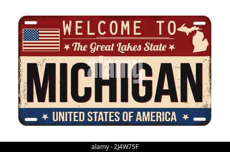 Bienvenue à Michigan vintage plaque d'immatriculation rouillée sur fond blanc, illustration vectorielle Illustration de Vecteur