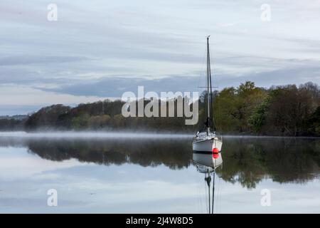 Drake's Pool, Crosshaven, Cork, Irlande. 18th avril 2022. Lors d'un calme lundi de vacances en bord de mer, le bateau à voile Tantine se trouve encore tandis que la brume s'élève de la rivière Owenabue, dans la piscine de Drake, à l'extérieur de Crosshaven, Co. Cork, en Irlande. - Crédit; David Creedon / Alamy Live News Banque D'Images