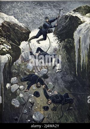 'Chute mortelle de plusieurs chasseurs alpins au sommet de la Grande casse dans le massif de la Vanoise le 14 juillet 1892' (chute fatale de plusieurs chasseurs alpins de la Grande casse dans le massif de la Vanoise le 14 juillet 1892) Illustration tiree de 'le petit journal' 23 juillet 1892 Collection privee Banque D'Images