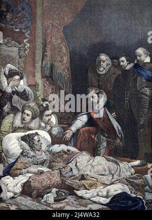 'Representation de la mort de la reine d'Angleterre Elisabeth Iere (1533-1603) le 24 mars 1603) (mort de la reine Elizabeth I d'Angleterre le 4 mars 1603) Illustration tiree de 'le petit journal' 16 juillet 1892 Collection privee Banque D'Images