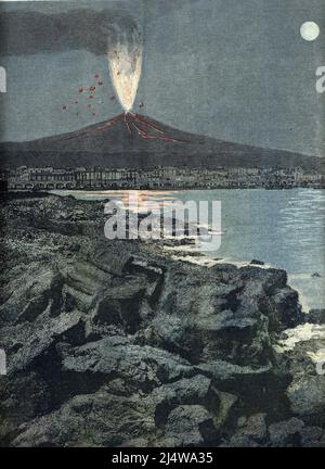 'Éruption de l'Etna volcan de Sicile en Italie, juillet 1892' (éruption du stratovolcan actif de l'Etna sur la côte est de la Sicile, Italie, juillet 1892) Illustration tiree de 'le petit journal' 30 juillet 1892 Collection privee Banque D'Images