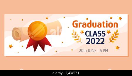 Bandeau horizontal de graduation avec script. Ruban rouge et médaille d'or. Modèle de mise en page vectoriel. Invitation à la cérémonie du diplôme. Conception du message d'accueil des étudiants. Illustration de Vecteur