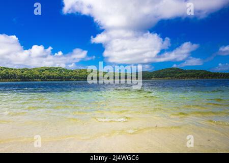 Le lac Birabeen offre aux touristes de l'eau cristalline et du sable blanc doux sur Fraser Island, Queensland, Australie Banque D'Images