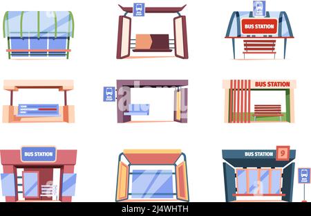 Station urbaine. Arrêt d'autobus public municipal avec des lieux de détente pour les passagers garish vector dessins animés modèles Illustration de Vecteur