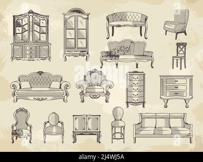 Mobilier ancien. Chaises armoire lits et canapé tables maison mobilier rétro collection récente de photos vectorielles dessinées à la main Illustration de Vecteur