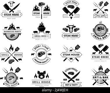 Badges Steakhouse. Modèles de menu de restaurant barbecue magasin logotype illustrations vectorielles récentes steak Illustration de Vecteur