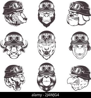 Étiquettes de club de moto. Emblèmes de sport avec animaux sauvages en casques style agressif visages exact vecteur images ensemble Illustration de Vecteur