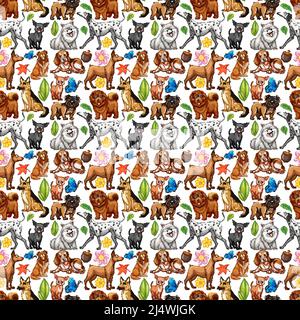 Design sans couture avec nombreuses illustrations de chiens mignons Illustration de Vecteur