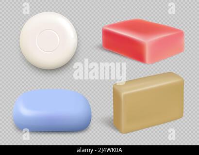 Savon réaliste. Articles hygiéniques pour le bain pour auto-nettoyage des mains outils de lavage décent vecteur savon coloré ensemble Illustration de Vecteur