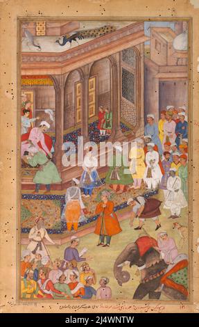 Akbar saluant les dirigeants Rajput et d'autres nobles à la cour, d'Akbarnama Banque D'Images