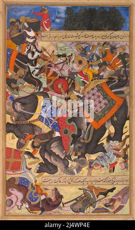 Les éléphants de guerre Citranand et Udiya entrent en collision dans la bataille, d'Akbarnama Banque D'Images