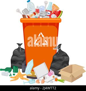 Déchets. Gros plan de la poubelle, déchets sales dans le conteneur. Poubelle pleine de dessins animés. Isolation biologique et plastique, boîte et bouteilles en métal, exact Illustration de Vecteur