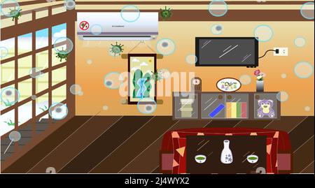 Le climatiseur empêche le virus et la pollution dans le style japonais moderne de la salle de séjour Illustration de Vecteur