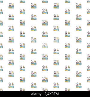 Parapluie de plage vectoriel dans le sable paysage modèle avec diverses icônes. Motif de texture de symbole. Illustration de Vecteur