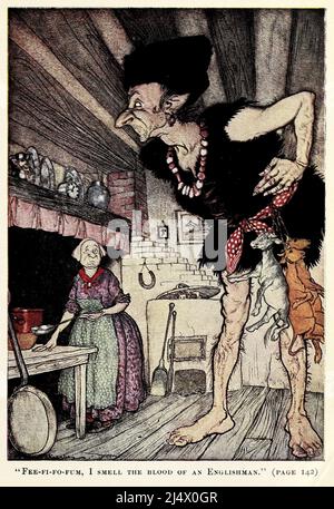 Fee-Fi-fo-Fum, je sens le sang d'un Anglais de ' Jack et le Beanstalk ' du livre ' English Fairy Tales ' retold par Flora Annie Steel, Webster, illustré par Arthur Rackham, éditeur New York, la société Macmillan 1918 Banque D'Images
