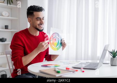 Joyeux blogueur millénaire islamique avec barbe montre le tableau de couleurs à la webcam pour ordinateur portable Banque D'Images