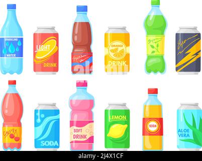Bouteilles boissons gazeuses. Boisson non alcoolisée bouteille et canette boisson soda, sprite pop froide avec jus d'orange doux, eau d'énergie de boisson non alcool, dessin animé dessin vectoriel soigné Illustration de Vecteur
