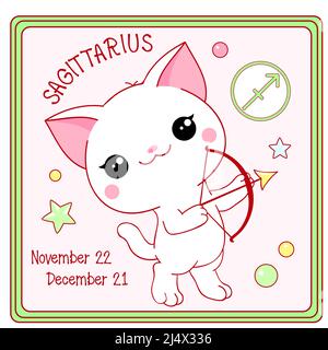 Zodiac Sagittaire signe caractère dans le style kawaii. Carte carrée avec un joli petit chaton blanc et symbole Zodiaque, date de naissance. Dessin animé bébé chat et Zod Illustration de Vecteur