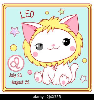 Signe de zodiaque Leo caractère dans le style kawaii. Carte carrée avec un joli petit chaton blanc et symbole Zodiaque, date de naissance. Dessin animé bébé chat et zodiacal ca Illustration de Vecteur