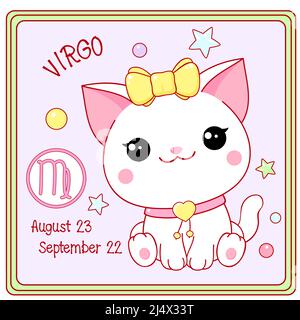 Signe de zodiaque Virgo caractère dans le style kawaii. Carte carrée avec un joli petit chaton blanc et symbole Zodiaque, date de naissance. Dessin animé pour bébé chat et zodiacal Illustration de Vecteur