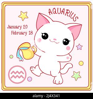 Signe du zodiaque Aquarius dans le style kawaii. Carte carrée avec un joli petit chaton blanc et symbole Zodiaque, date de naissance. Dessin animé bébé chat et Zodiac Illustration de Vecteur