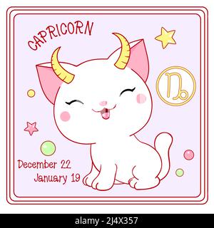 Signe du Capricorne de zodiaque dans le style kawaii. Carte carrée avec un joli petit chaton blanc et symbole Zodiaque, date de naissance. Dessin animé bébé chat et Zodia Illustration de Vecteur