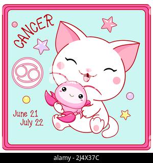 Signe de cancer de zodiaque dans le style kawaii. Carte carrée avec un joli petit chaton blanc et symbole Zodiaque, date de naissance. Dessin animé pour bébé chat et zodiacal Illustration de Vecteur