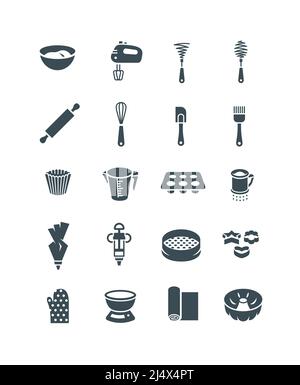 Icônes des outils de cuisson. Pictogrammes simples à vecteur plat. Cuisine matériel de boulangerie pour la pâtisserie. Articles de cuisson tels que punaise à roulettes, fouets, gâteaux et petits gâteaux Illustration de Vecteur