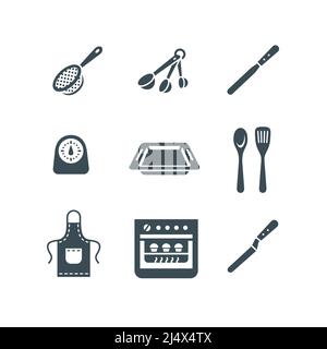 Icônes des outils de cuisson. Pictogrammes simples à vecteur plat. Cuisine matériel de boulangerie pour la pâtisserie. Articles de cuisson tels que tamis en acier inoxydable, cuillères à mesurer Illustration de Vecteur