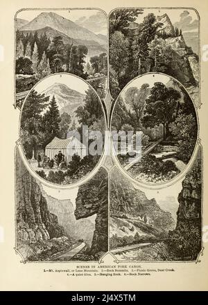 SCÈNES DANS AMERICAN FORK CANON. 1. Mt. Aspinwall ou Lone Mountain. 2. Sommets de rock. 3. Pique-nique Grove, Deer Creek. 4. Un Glen tranquille. 5. Rock suspendu. 6. Rock Narrows. Du livre The Pacific tourist : guide transcontinental illustré d'Adams & Bishop, de l'Atlantique à l'océan Pacifique : Contenant des descriptions complètes des chemins de fer à travers le continent, toutes les stations de plaisance et les lieux de la plupart des paysages notés dans l'extrême-Ouest, aussi de toutes les villes, les villes, les villages, les forts américains, les sources, lacs, montagnes, itinéraires de voyage d'été, meilleures localités pour la chasse, la pêche, le sport, et e Banque D'Images