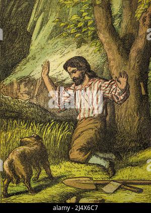 Crusoe surpris de l'orge en croissance dans le livre la vie et les aventures de Robinson Crusoe par Daniel Degoe, illustré en couleur par EDWARD H. WEHNET. Éditeur Boston (Franklin et Hawley Streets) : D. Lothrop and Company 1884 Banque D'Images