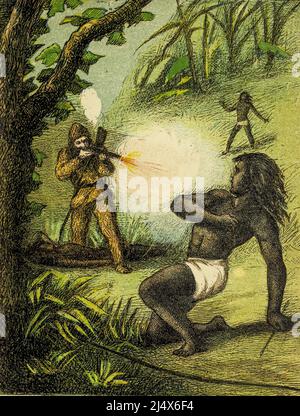 Crusoe sauve vendredi du livre la vie et les aventures de Robinson Crusoe par Daniel Degoe, illustré en couleur par EDWARD H. WEHNET. Éditeur Boston (Franklin et Hawley Streets) : D. Lothrop and Company 1884 Banque D'Images