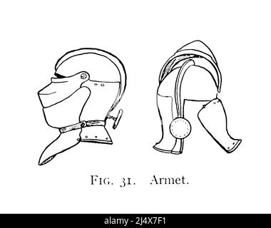 Armet Casque médiéval avec visière et protège-cou du livre « Armour & Arrarmes » de Charles John Ffoulkes, éditeur Oxford Clarendon press 1909 Banque D'Images