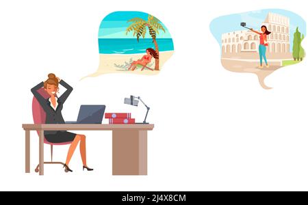 Jeune femme d'affaires assise sur le lieu de travail et rêvant de vacances Illustration de Vecteur