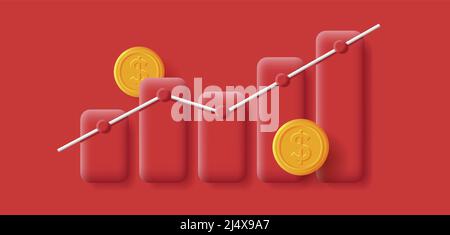 Graphique à barres barres rouges monochromes avec ligne croissante avec des pièces en dollars Illustration de Vecteur