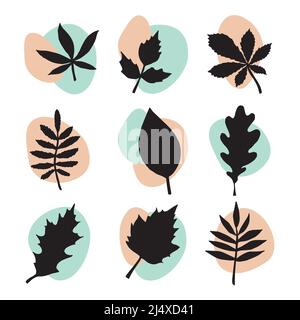 Ensemble vectoriel de feuilles silhouette et de points abstraits Illustration de Vecteur