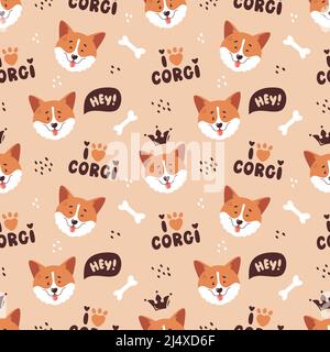 Motif sans couture Corgi. Jolis visages gallois souriants en corgi et lettres à dessin à la main. Joyeux chien personnages. Arrière-plan vectoriel tendance. Illustration de Vecteur