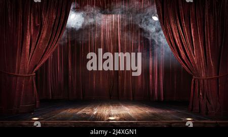 Scène de théâtre magique rideaux rouges Voir Spotlight. Banque D'Images