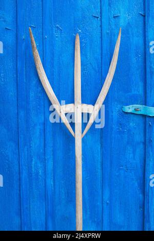 ancienne fourche en bois penchée sur la porte de la grange bleue Banque D'Images