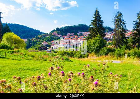 Vue sur Dospat - une ville située tout au sud de la Bulgarie, dans la province de Smolyan, dans les montagnes de Rhodope, près du barrage de Dospat. Banque D'Images